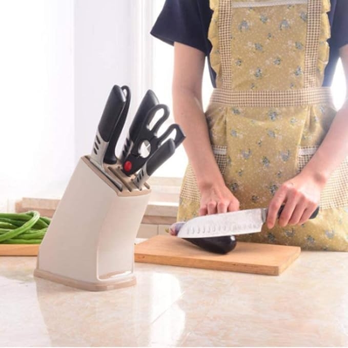 Space-saving countertop knife and meat cleaver holder rack with cutlery and scissor slots, no drilling required, for organized kitchen storage