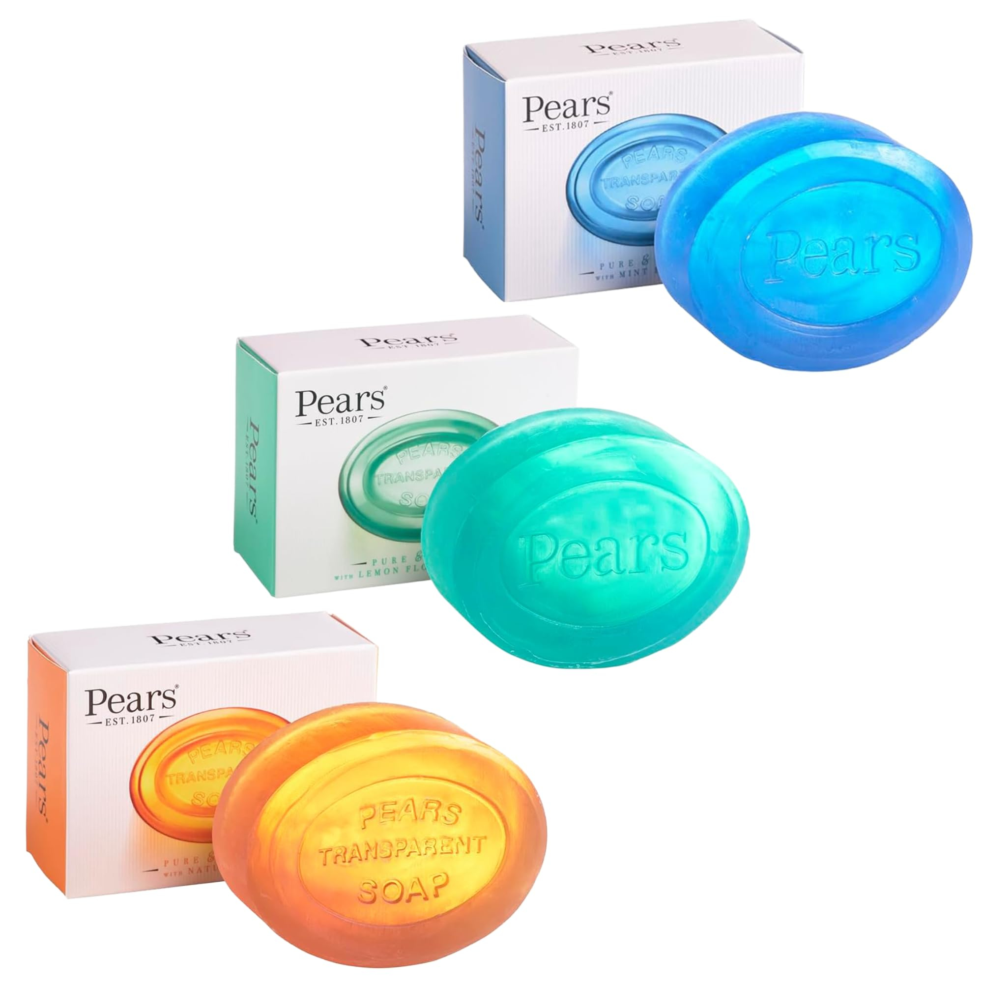 Pears Transparent Soap gentle cleansing bar with 98% glycerin, natural oils, and refreshing mint, lemon, and floral extracts for moisturizing face and body.