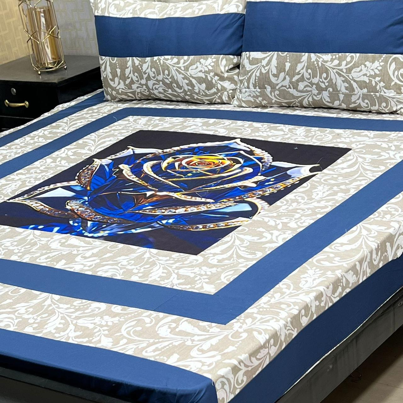 Blue Rose King Size Cotton Bedsheet Set - 3 PC Digital Print