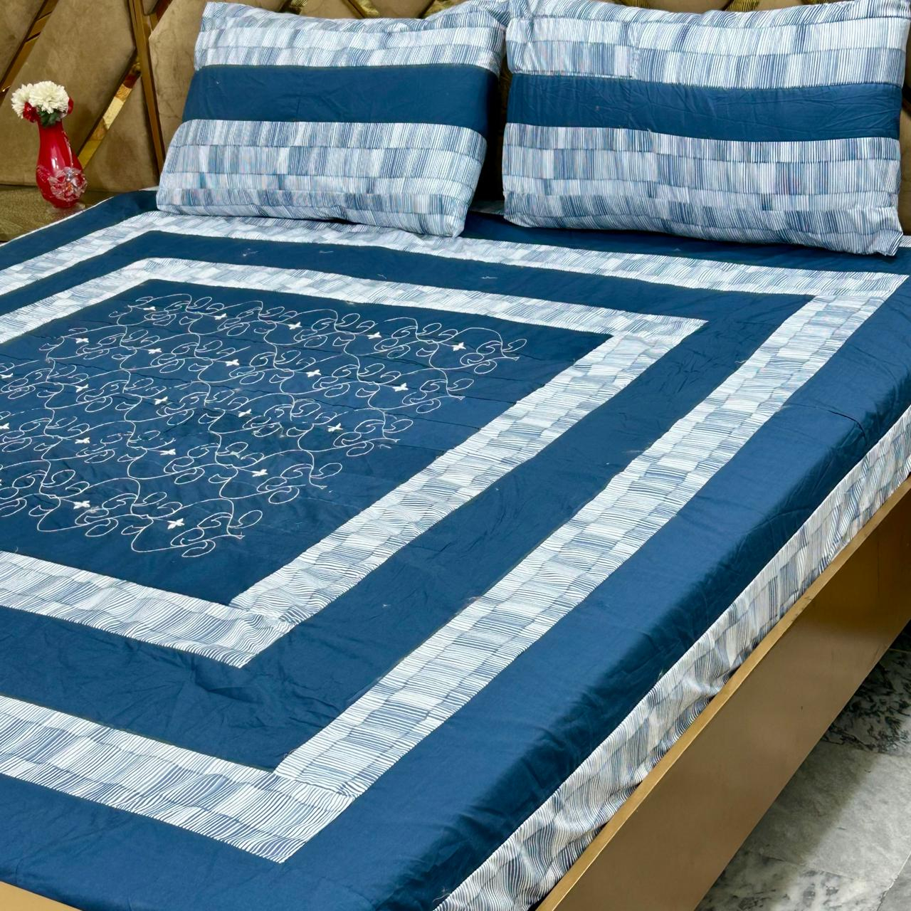 Embroidered Patchwork Bedsheet Set King Size – Premium Cotton 3 Piece