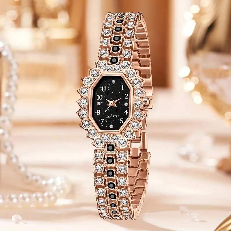 1Pc Elegant Luxury Rose Gold Diamond Watch for Women - Image 3