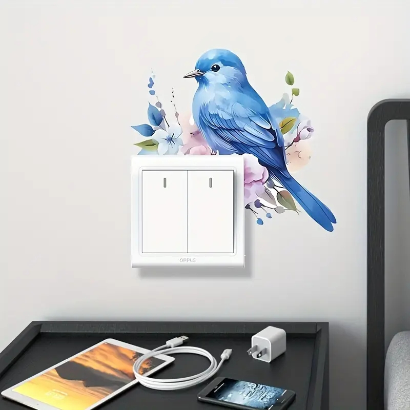 Bluebird Floral Vibrant Wall Light Switch Sticker Self Adhesive Waterproof