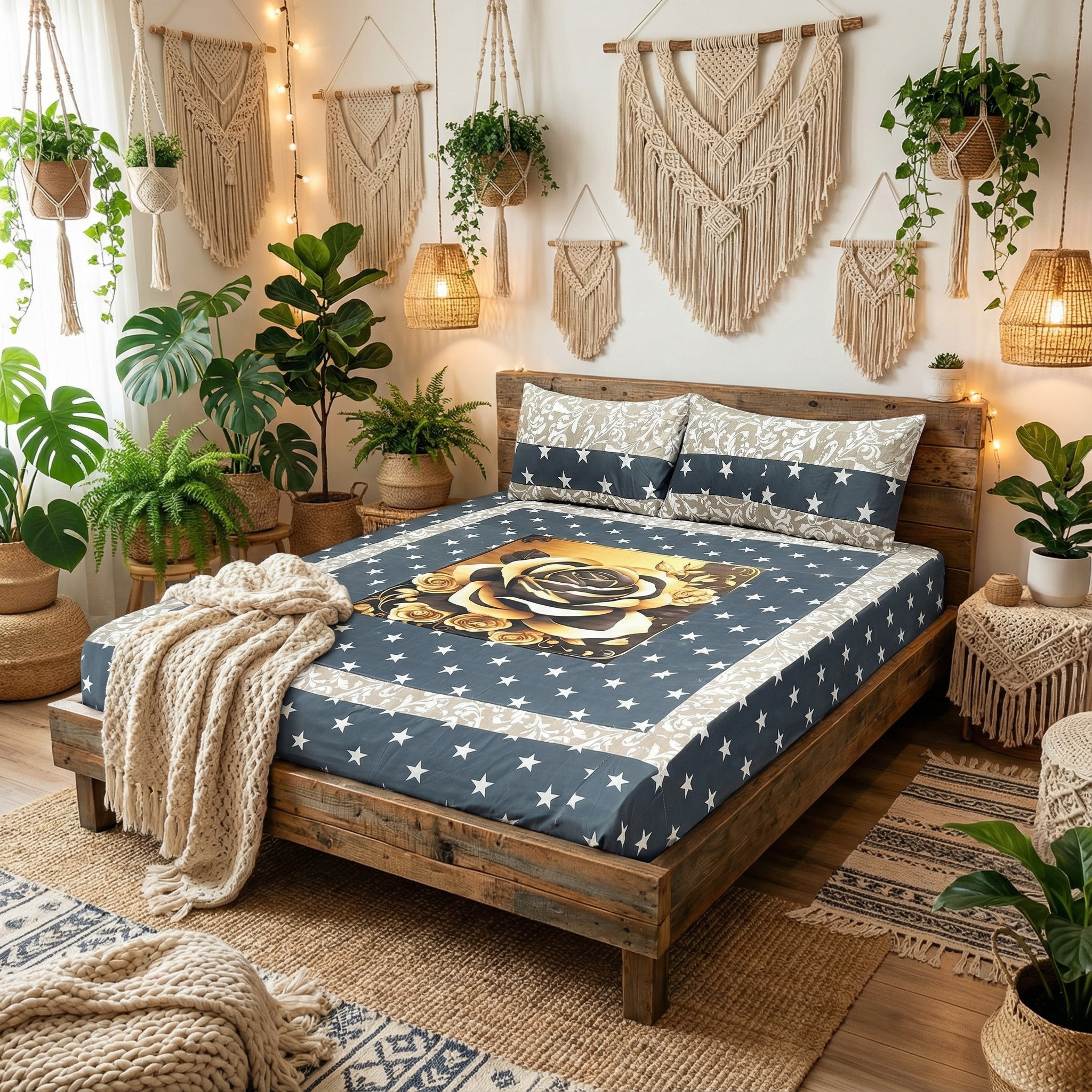 Premium Quality Luxury King Size Rose Patchwork Cotton Bedsheet Set (3 Pc) - Image 4