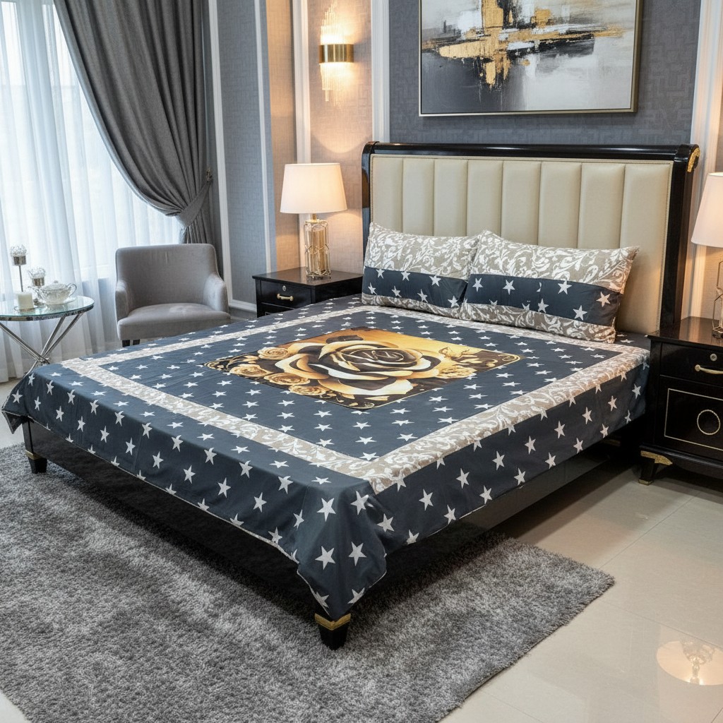 Premium Quality Luxury King Size Rose Patchwork Cotton Bedsheet Set (3 Pc)